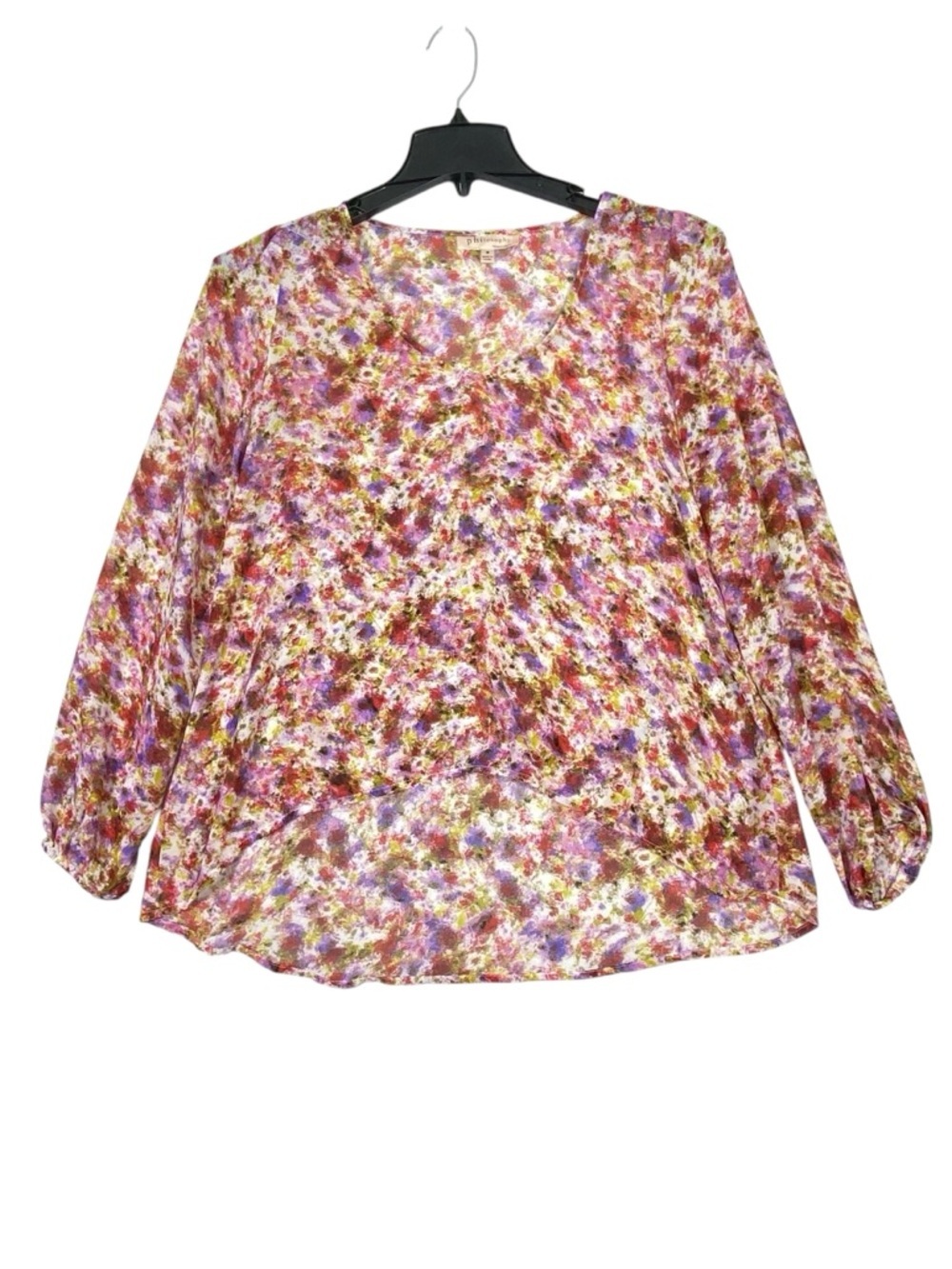Philosophy Abstract Floral Blouse Women's M Semi Sheer Hi Low Hem Lightweight